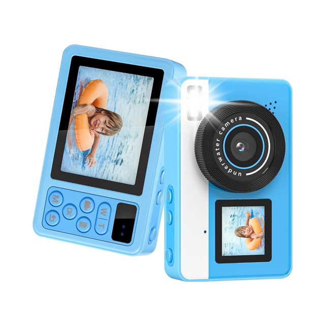 4K Waterproof Underwater Digital Camera with Dual Screens 32GB TF Card Selfie-Friendly for Kids & Teens (Blue)