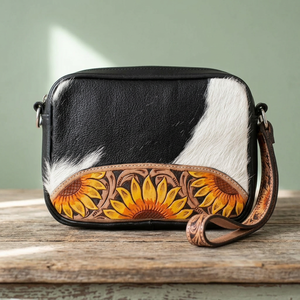 Genuine Fur Leather Wristlets <b>Bag</b> with Floral Embossing Tan Color Bohemian Style Fringe Animal Print Zipper Closure Daily Use - Product Image 3