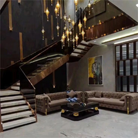 Escalier personnalisé en granit et marbre, garde-corps en verre, main courante en acier inoxydable, escalier intérieur droit avec Led, aux normes américaines et australiennes