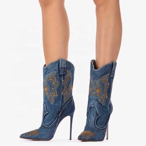 Large Size 44 Denim Short Pants <b>Boots</b> Thin High Heels Pointed Toe Embroidered Ankle Booties Women's Trend on Jeans Shoes - Product Image 1