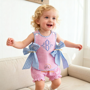 Abbigliamento per Bambini all'Ingrosso, Vestiti Estivi a Quadretti per Bambine, <span class=keywords><strong>Set</strong></span> con Salopette - Product Image 2