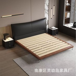 Lit italien minimaliste en cuir véritable noir 2M, lit double pour chambre principale, lit de mariage, luxe léger, simple, haut de gamme - Product Image 5