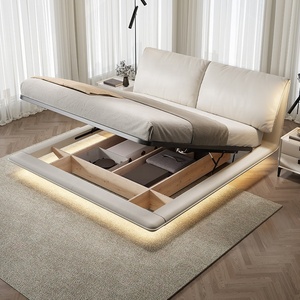 <span class=keywords><strong>Cama</strong></span> <span class=keywords><strong>Suspendida</strong></span> de Cuero de Lujo Minimalista Italiana, <span class=keywords><strong>Cama</strong></span> Doble Acolchada con Almacenamiento para Dormitorio Principal Moderno - Product Image 4