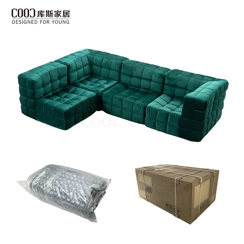 Conjunto de sofá de compressão para apartamento, tecido verde veludo moderno, pequeno espaço, móveis para sala de estar, embalagem a vácuo, seccional