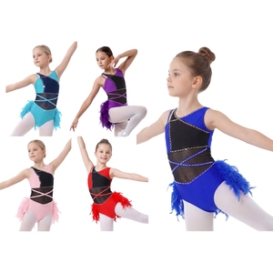 6-16 Kids Girls Dance Wear Custom Logo <b>Feather</b> Latin Dance Leotard Bodysuit For Competitions Dance Classes Stage Shows - Product Image 1