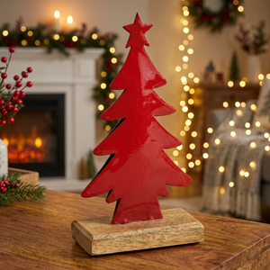 Red Metal Wood Christmas <b>Tree</b> <b>Ornament</b> Tabletop Holiday Decoration with Wooden Base - Product Image 3