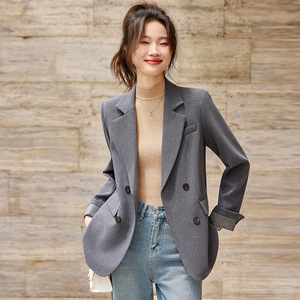 Women's Blazer Gray Solid Color Worst Fabric Professional Workwear Loose Fit Office Commute Style GDX1830 - Product Image 1