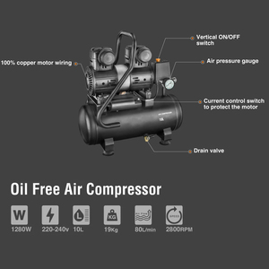 Wholesale Custom 1100W Oil-less Air Cooled Motor Silent 10L Piston Air Compressor - Product Image 2