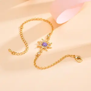 Adjustable Layered Jewelry Handmade Stainless Steel Wristband Zirconia Inlay Gold Plated Opal Sun Charms Bracelet For Women