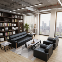 Ensemble de canapé de bureau modulaire moderne à trois places en cuir synthétique, avec table basse en bois et éponge haute densité pour salon