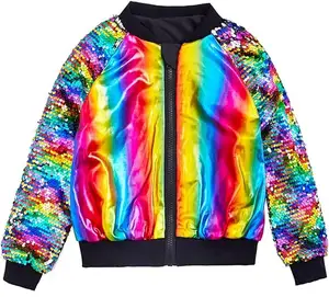 Customized Logo Girls Flip Sequin Rainbow Jackets Kids Sparkle Outwear Glitter Sleeve Shiny Metallic Coat For Girl