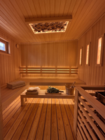 Sauna préfabriqué combiné, cabane de jardin modulaire, maison en bois avec porte vitrée, éclairage LED, maison en acier fabriquée sur mesure
