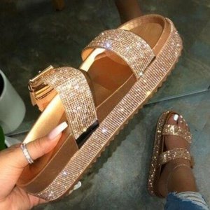 Sandalias Planas de Dos Tiras para Interiores y Exteriores, con Cristales, Elegantes, para Mujer, Estilo Peep-Toe, Deslizables, Verano 2023, Oferta - Product Image 1