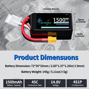แบตเตอรี่ลิโพ TERANTY 2S 3S 4S 7.4V 11.1V 14.8V 1500mAh 45C สำหรับรถบังคับ เรือบังคับ โดรน ควอดคอปเตอร์ รถบรรทุก เครื่องบิน FPV - Product Image 4