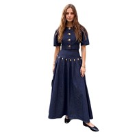Nouvel ensemble jupe en jean décontracté 2 pièces pour femme avec boutons métalliques uniques et cordon de serrage – Tenue en jean pour femme