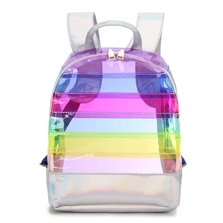 Tas punggung cewek, ransel Jelly transparan warna-warni PVC pelangi wanita bergaya