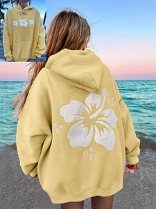 Sweat-shirt à capuche surdimensionné personnalisé pour femme, imprimé floral, 100% coton, logo sur le devant, décontracté, plage, streetwear - Product Image 6