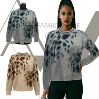 Pull en maille mohair gris pour femme, imprimé léopard abstrait, col rond orné de strass, bordure métallique, coupe ample et manches longues