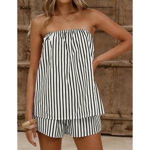 FOXA Women Striped Two Piece Set Summer Strapless Tube <b>Top</b> Shorts Matching Outfit <b>Y2K</b> Backless Lounge Wear - Product Image 2