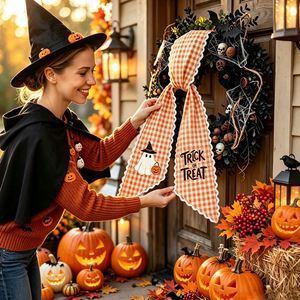 Couronne décorative d'Halloween en tissu à carreaux, avec chapeau de sorcière, citrouille et nœud, pour la porte d'entrée de la maison en automne - Product Image 2