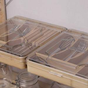 Organisateur de tiroir en bambou de 13 pouces avec couvercle, plateau à 5 compartiments pour couverts et ustensiles de cuisine - Product Image 2