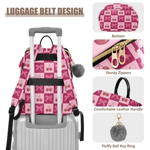 Fashion Pink Checkered Design School Bag Cherry Print Quilted Polyester Custom Logo Large Travel <b>Backpack</b> for Women - Product Image 4