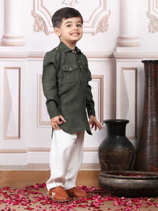 smiling young <b>boy</b> wearing gray <b>kurta</b> with white pants posing indoors festive ethnic outfit child portrait stylish kids fashion - Product Image 3