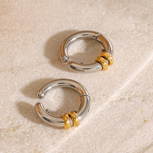 <b>Clip</b>-on Earrings Stainless Steel Gold <b>Silver</b> Color-blocked Geometric Round Design Fashion Jewelry Gift - Product Image 2