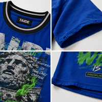 Conjunto de camiseta holgada con estampado de estatua azul real personalizado TaiDe y shorts vaqueros con tachuelas, proveedor mayorista OEM, fabricante de ropa