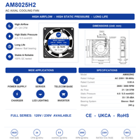 AM8025H2S 220V-240V Gleitlager AC Metall-Kühlaxiallüfter 80mm X 25mm Aluminiumrahmen Kupferdraht Elektrisch OEM