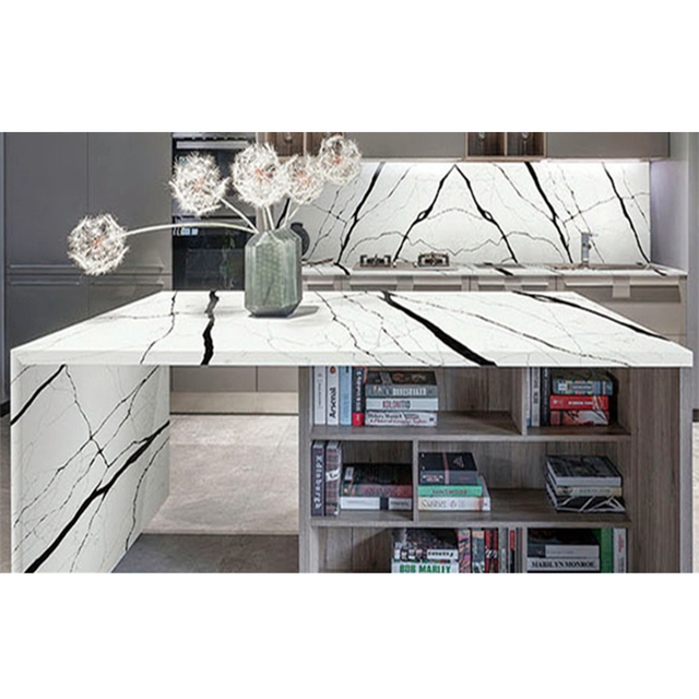 Solid Surface Artificial Stone Kitchen Countertop White Quartz With Black Veins Commercial Use