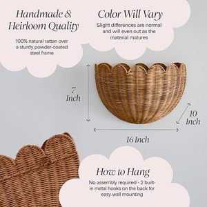 Scalloped Rattan Hanging <strong>Basket</strong> Rattan <strong>Wall</strong> Decor <strong>Basket</strong> <strong>Wall</strong> <strong>Storage</strong> <strong>Basket</strong> for Nursery, Living Room and Bathroom - Product Image 5
