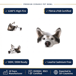 קערת אוכל ומים מקרמיקה איכותית בצורת כלב האסקי סיבירי, קערת האכלה לכלבים וחתולים, קערת כלבים תלת מימדית בהתאמה אישית בצורת חיה. - Product Image 1