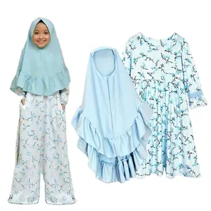 C0005 Three to twelve year children cotton knitting floral print abaya set niqab burka hijab kid clothing dress suit robe child