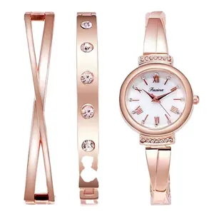 Conjunto 3 peças relógio quartz ouro rosa, relógio feminino premium pulseira à prova d'água presente aniversário natal