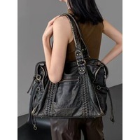 Nouveau Sac Fourre-tout Moyen Femme Style Moto Rétro Français 2026 avec Fermeture Éclair, Porté Épaule ou Croisé, Grande Capacité, Tendance pour le Quotidien