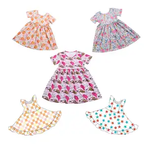 हॉट सेल फ्लावर प्रिंटेड बेबी गर्ल्स ड्रेस छोटी आस्तीन वाली टॉडलर्स मिल्क सिल्क फैब्रिक सॉफ्ट समर ड्रेस