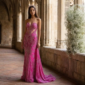 Lsany234 Robes de soirée sirène luxueuses et sexy à col en V, bustier, rouge rose, coupe ajustée, à paillettes, Jancember - Product Image 1