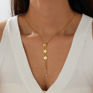 Gold Plated Flower Necklace With Diamond Accents Long Tassel Design Everyday Wear - Product Image 2