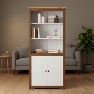 Libreria in legno massello di pino bianco e marrone con 3 ripiani e ante, stile scandinavo, mobile da soggiorno - Product Image 2