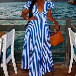 ชุดเดรสแม็กซี่ลายทางสำหรับผู้หญิง คอวีลึก แขนพอง เอวสูง ทรงเอไลน์ กระโปรงยาวทรงบาน สำหรับวันหยุด ชุดลำลอง แฟชั่น - Product Image 4