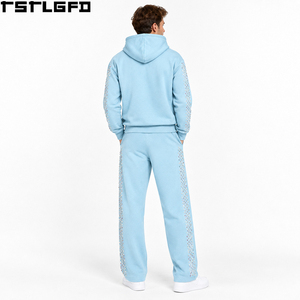 Conjunto de Sudadera con Capucha y Cremallera OEM/ODM para Hombre, Azul Bebé Iridiscente con Pedrería, Chándal Oversize de Invierno al por Mayor - Product Image 2