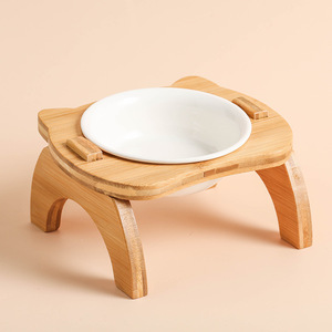 Wooden Pet Bowl Double Elevated Feeder For Cat With Slanted Rim And Tall Stand Rounded Shape LC-46 - Product Image 4