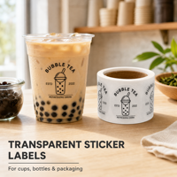 Transparante, waterdichte, zelfklevende stickerrol met opdruk, voor verpakkingen van maïs, fruit, cosmetica, potten, flessen en cadeauverpakkingen.