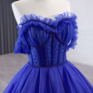 Robe de soirée longue bleu roi, corset, tulle à volants, épaules dénudées, robes de soirée formelles pour femmes, Rsm231031 - Product Image 3
