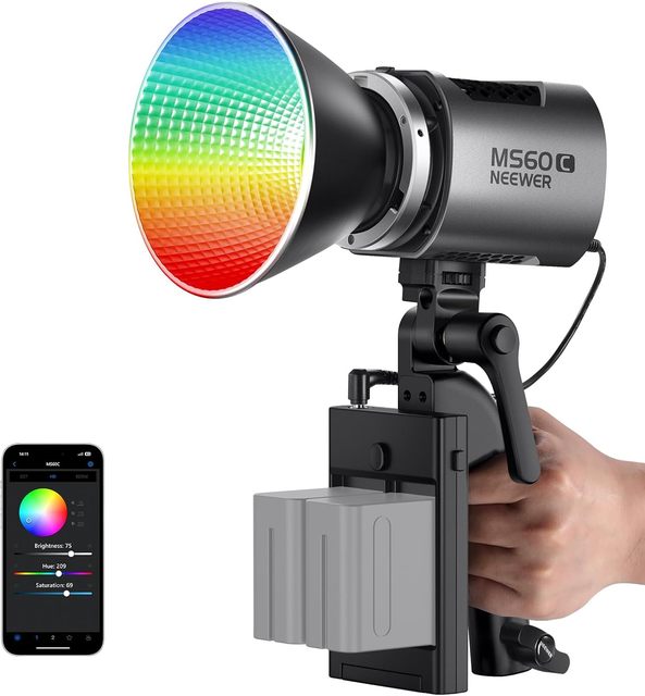 NEEWER MS60C RGBWW LED Video Light with 2.4G/APP Control 65W Metal Mini RGB COB Continuous Output Lighting Handheld Spotlight