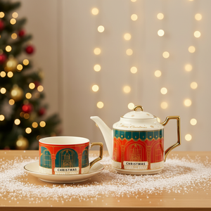 Service à thé rétro de luxe léger en céramique isolante résistante à la chaleur, coffret cadeau de Noël, théière britannique, tasse à café et soucoupe plaquées or - Product Image 6