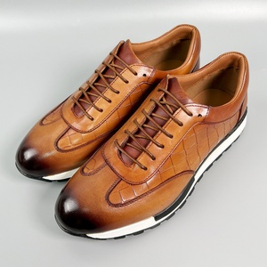 Patchwork marron et noir, embellissement à motif crocodile, chaussures en cuir décontractées à lacets, élégantes et confortables - Product Image 5