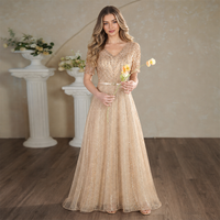 Robe de soirée longue couleur or champagne, col en V, coupe trapèze, ornée de perles et de sequins, à manches courtes, broderie florale, sur mesure, vente en gros