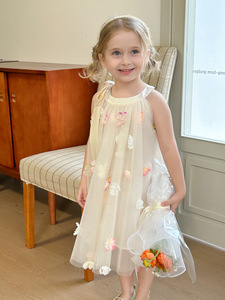 Nuovo <span class=keywords><strong>Vestito</strong></span> Estivo <span class=keywords><strong>da</strong></span> <span class=keywords><strong>Bambina</strong></span> Stile <span class=keywords><strong>Fata</strong></span>, Super Floreale con Fiori 3D, in Garza e Pizzo, Senza Maniche, Mini Gonna con Balze per Bambine - Product Image 5